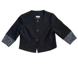 🌟 Tory Burch Black Wool Blend Blazer Animal Print Cuff 3/4 Sleeve Large Chic